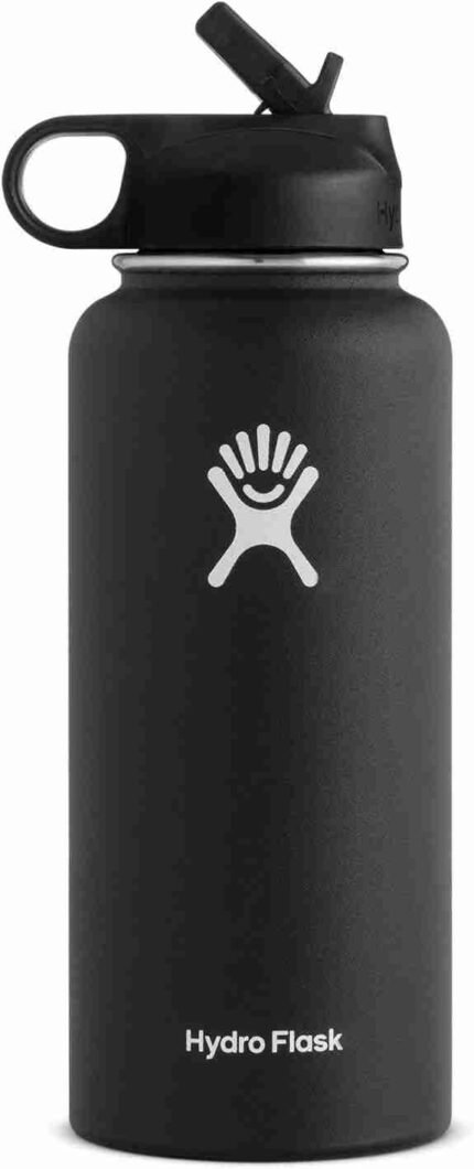 Hydro Flask Vacuum Insulated Stainless Steel Water Bottle Wide Mouth with Straw Lid (Black, 32-Ounce)